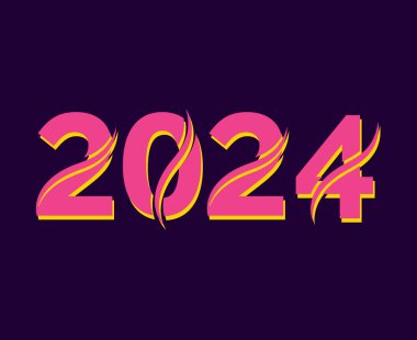 Mutlu yıllar 2024 Soyut Pembe ve Sarı Grafik Tasarım Vektör Sembol Tanıtımı Mor Arkaplan