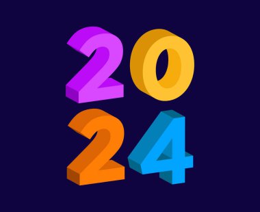 Mutlu yıllar 2024 Soyut Çokrenkli Grafiksel Tasarım Vektör Sembol İllüstrasyonu Mavi Arkaplan