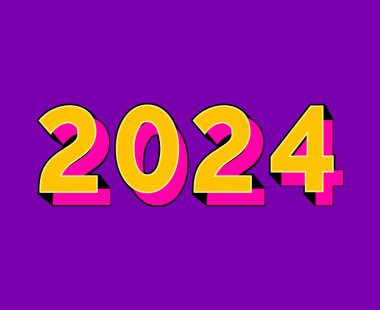 Mutlu yıllar 2024 Soyut Sarı ve Pembe Grafik Tasarım Vektör Sembol İllüstrasyonu Mor Arkaplan