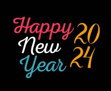 Mutlu yıllar 2024 Soyut Çokrenkli Grafiksel Tasarım Vektör Sembol İllüstrasyonu Siyah Arkaplan