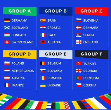 Avrupa Futbol 2024 Grupları Bayrakları Kurdele Takımları Sembol Tasarımı Soyut Avrupa Futbol Ülkeleri Vektör İllüstrasyonları