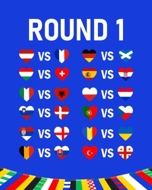 Round 1 Bayrak Kalbi Avrupa Ulusları 2024 Avrupa Takım Ülkeleri Avrupa Futbol Sembol Logosu Tasarım Vektörü İllüstrasyonuyla Eşleşiyor