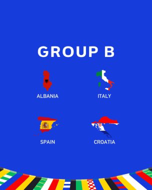 Grup B Amblemi Avrupa Uluslarını Haritaladı 2024 Takım Ülkeleri Avrupa Futbol Sembol Logosu Tasarım Vektörü İllüstrasyonu