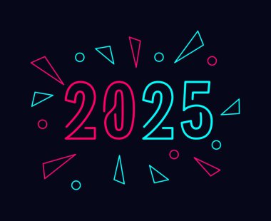 Mutlu yıllar 2025 Tatil Pembesi ve Cyan Neon Festivali Ayrı Tasarım Soyut Vektör İllüstrasyonu