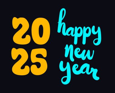 Mutlu yıllar 2025 Tatil Mavisi ve Sarı Kalem Karalama Tipografi Tasarımı Soyut Vektör İllüstrasyonu