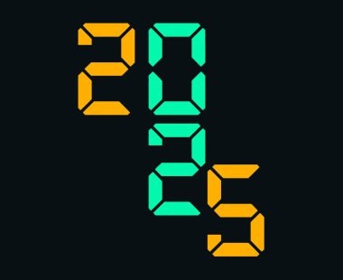 2025 Mutlu Yıllar Portakal ve Yeşil Tasarım Dijital Saat Tipografi Yaratıcı Soyut Vektör İllüstrasyonu