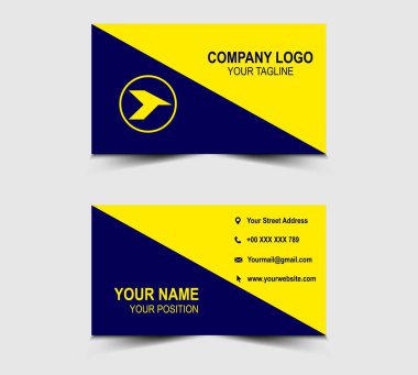 Şirket logosu olan Modern Tasarım kartviziti. Mavi ve Sarı Renkli, şekil vektörü olan.