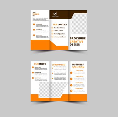Üç Katlı Broşür Şablonu Tasarımı Kahverengi ve Sarı Profesyonel Geometrik Yaratıcı İş Vektörü İllüstrasyonu