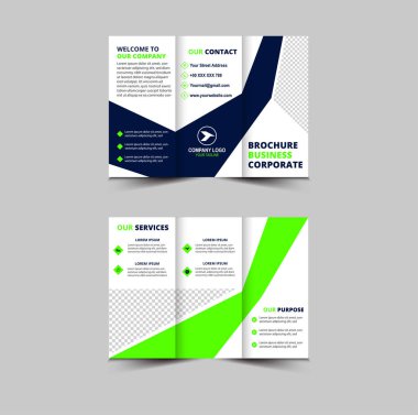 Üç Katlı Broşür Şablonu Tasarımı Yeşil ve Mavi Profesyonel Geometrik Yaratıcı İş Vektörü İllüstrasyonu