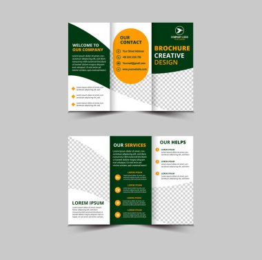 Üç Katlı Broşür Şablonu Tasarımı Yeşil ve Sarı Profesyonel Geometrik Yaratıcı İş Vektörü İllüstrasyonu