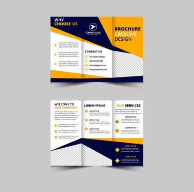 Üçlü Broşür Şablon Tasarımı Mavi ve Sarı Profesyonel Geometrik Yaratıcı İş Vektörü İllüstrasyonu