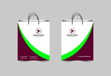 Alışveriş Torbası Kağıt Şablonu Yeşil ve Mor Tasarım Paketleme Modern İşletme Yaratıcı Tasarım Vektör Çizimi