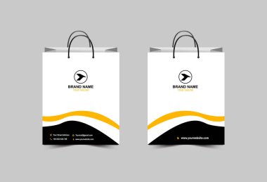 Kağıt Torba Şablonu Tasarımı Siyah ve Sarı Paketleme Alışveriş Çantası Modern İşletme Yaratıcı Düzen Vektör Çizimi