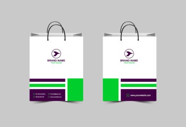 Kağıt Torba Şablonu Tasarımı Yeşil ve Mor Paket Alışveriş Çantası Modern İşletme Yaratıcı Düzen Vektörü Resimlemesi