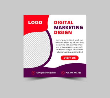 Modern Business Vector Illustration için Sosyal Medya Posta Şablonu Mor ve Kırmızı Dijital Pazarlama Sancakları