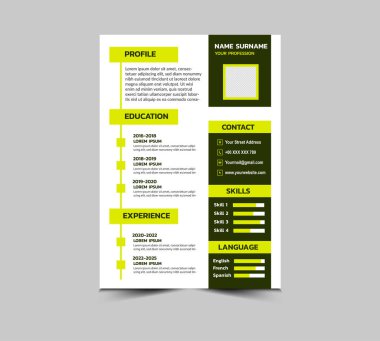 CV Şablon Tasarımı Tecrübe Eğitim Dili ve Kişi Vektör İllüstrasyonuyla Sarı Şablon