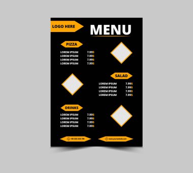 Menü Fast Food Flyer Şablon Tasarımı Pizza İçecekleri ve Salata Vektörü İllüstrasyonu