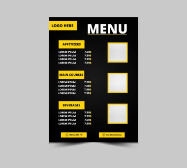 Menü Fast Food Flyer Şablon Şablonu İştah açıcılar Ana yemek ve İçecek Vektörü İllüstrasyonu