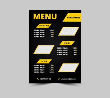 Menü Restoranı Fast Food Flyer Şablon Şablonu Sandviç Suşi ve İçki Vektörü Resimleri