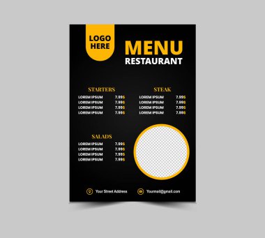 Menü Restoranı Fast Food Flyer Şablonu Başlangıç Salatası ve Biftek Vektörü İllüstrasyonu