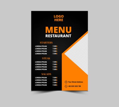 Menü Restoranı Fast Food Flyer Şablon Şablonu Başlangıç Salatası ve Biftek Vektörü Çizimi