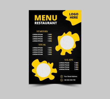 Menü Restoranı Fast Food Flyer Şablon Şablonu Biftek Başlangıçları ve Salata Vektörü İllüstrasyonu