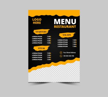 Menü Restoranı Fast Food Flyer Şablon Şablonu Başlangıç Bifteği ve Salata Vektörü İllüstrasyonu