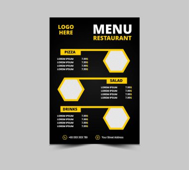 Menü Restoranı Fast Food Flyer Şablonu Pizza Salatası ve İçecek Vektörü İllüstrasyonu