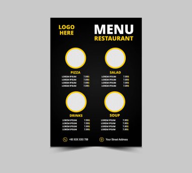 Menü Restoranı Fast Food Flyer Şablon Şablonu Pizza Salatası Çorbası ve İçecek Vektörü İllüstrasyonu