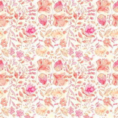 Floral Seamless Pattern with Red, pink, and orange flowers. Hand-painted romantic background, textile print, Valentines Day, mothers day. High-quality illustration