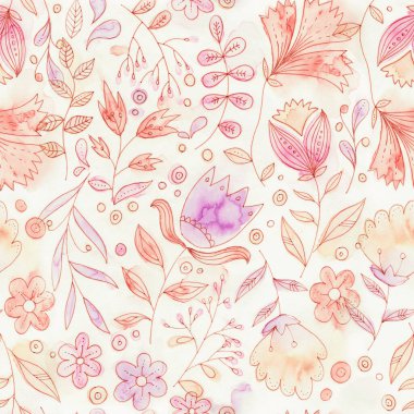 Floral Seamless Pattern with pink, red, and purple flowers, Hand drawn endless background for textile print. mother day, valentines day. High quality illustration