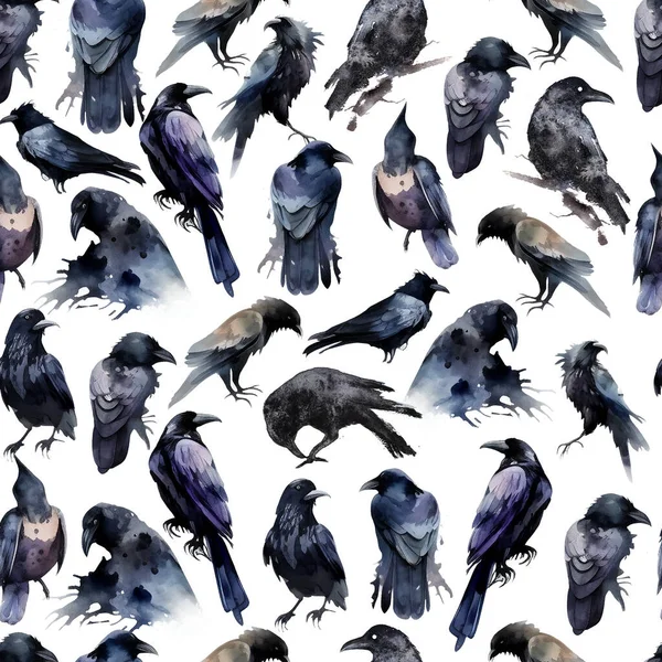 Acuarela Negro Ravens Patrón Sin Costuras Aislado Blanco Brujería Gótica — Foto de Stock