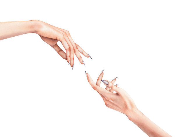 Realistic Elegant Watercolor Connecting Hands Illustration with long nails. High quality illustration