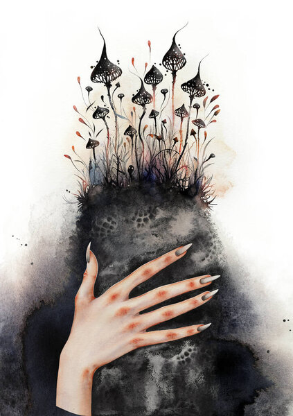 Рука закрывает лицо. Акварель с красивой элегантной реалистичной рукой, покрывающей лицо женщины с черными длинными волосами. Готический стиль искусства с черными грибами. Высокое качество иллюстрации