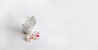 Pembe sarı orkide çiçekleri ve beyaz arka planda klasik mum kapları. Yüksek kalite fotoğraf