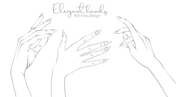 Set of Women Hand in Thin Line Art. Minimalistic and Elegant Hand-Drawn Manicure Design for Female Beauty. High quality illustration