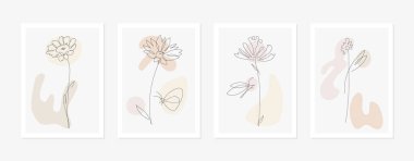 Kelebek ve Çiçekler Duvar Sanatı, Çağdaş Sanat Koleksiyonu. İnce çizgi doğa tasarım seti. Vektör illüstrasyonu