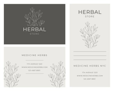 Doğal bitkisel ürünler ya da şifalı bitkiler için etiketler. Organik kozmetik, eczane, el yapımı ürünler, ilaç, cilt bakımı için zarif marka tasarımı koleksiyonu. Vektör illüstrasyonu