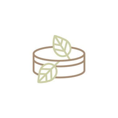 Cabilock Round Wooden Box with green leaf icon. Biodegradable, compostable. Eco friendly material production. Nature protection concept. Vector Illustration, editable strokes. Vector illustration clipart