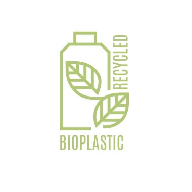 Plastik şişeyi geri dönüştür. Biyolojik ayrışma simgesi. Yeşil yapraklı plastik şişe. Çevre dostu gübre üretimi. Doğa koruma kavramı. Düzenlenebilir felç. Vektör illüstrasyonu