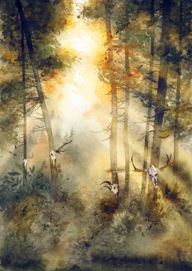 A watercolor painting depicting a serene forest landscape with majestic trees, tranquil atmosphere. Sacred holy grove, pagan, shamanic wall art print clipart