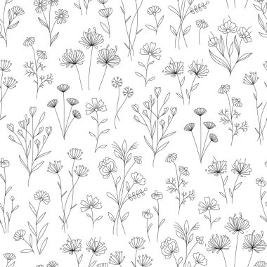Şirin çiçekler, doğrusal siyah ve beyaz bitkisel pürüzsüz desen, el çizimi sanat. Vektör illüstrasyonu