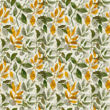 Suluboya Yeşil ve Sarı Botanik Kusursuz Desen. El Yazması Sonbahar Yaprakları Çizimi. Yüksek kaliteli illüstrasyon