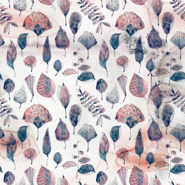 Koyu Mavi ve Pembe Suluboya Yaprakları, Duvar Kağıdı için Çiçeksiz Örnekler, Arka plan. Yüksek kaliteli illüstrasyon