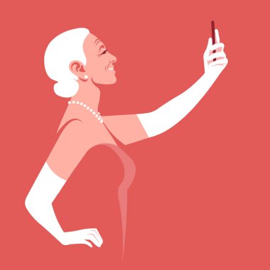 Yaşlı kadın akıllı telefonuyla selfie çekiyor. Blogcu. Yan görünüm. Sosyal medya. Kırmızı arka planda manken portresi. Vektör düz resimleme