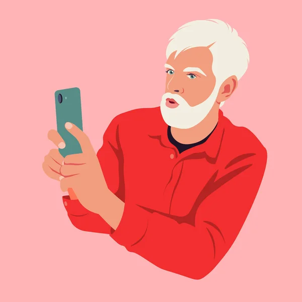 Shocked Elderly Male Blogger Beard Takes Pictures His Smartphone Camera — Διανυσματικό Αρχείο