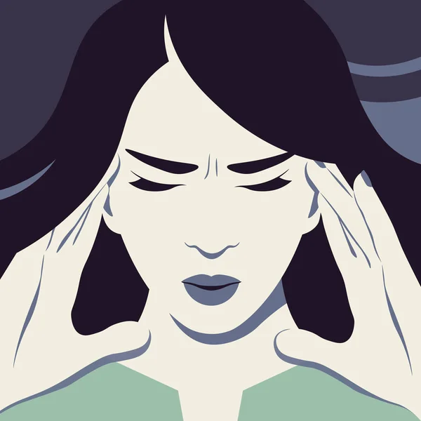 Azjatka Cierpi Ból Głowy Migrenę Przepracowanie Nadgodziny Objawy Grypy Innych — Wektor stockowy