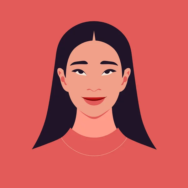 Cara Una Mujer Soñadora Retrato Estudiante Asiático Avatar Ilustración Plana — Vector de stock