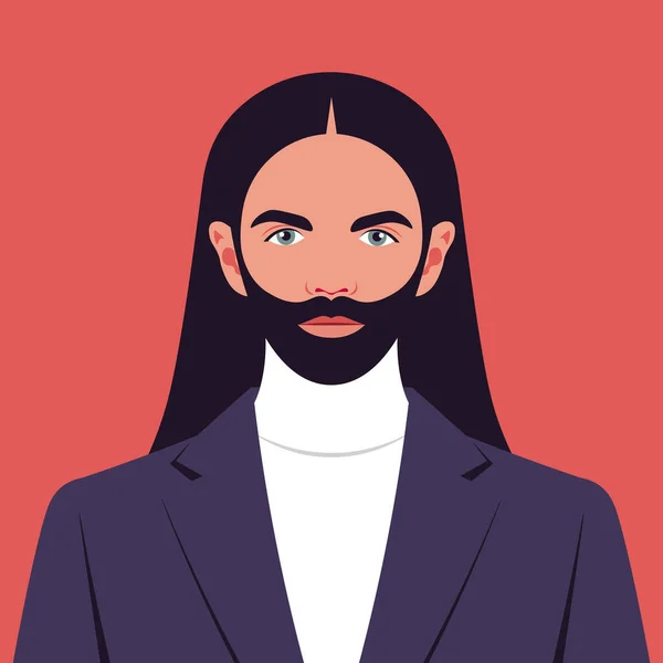 Retrato Hombre Pelo Largo Con Barba Avatar Las Redes Sociales — Vector de stock
