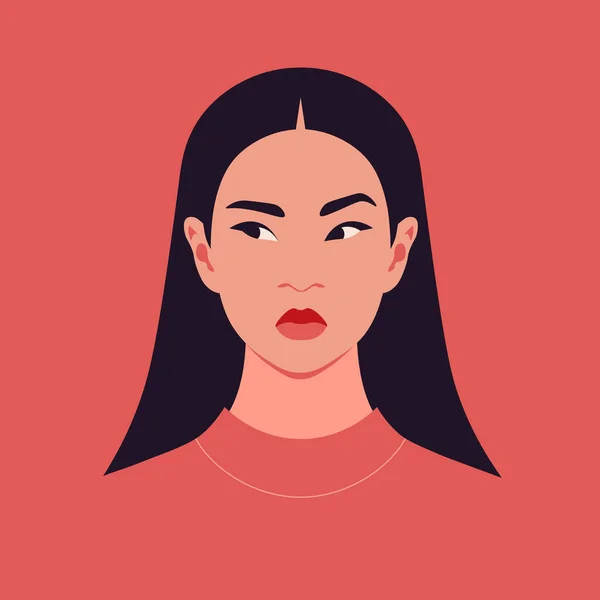 Mujer Asiática Duda Retrato Estudiante Pensativo Escéptico Avatar Ilustración Plana — Vector de stock